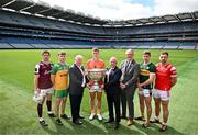 17 June 2025; In attendance at the national launch of the GAA Football All-Ireland Senior Championship Series are, from left, Shane Walsh of Galway, Shane O'Donnell of Donegal, Luke Moriarty from SuperValu, Oisín O'Neill of Armagh, National Commercial Sales Manager at Allianz Ireland Feilimí Corr, Uachtarán Chumann Lúthchleas Gael Jarlath Burns, Paul Geaney of Kerry and Sam Mulroy of Louth with the Sam Maguire Cup, at Croke Park in Dublin. Photo by Sam Barnes/Sportsfile