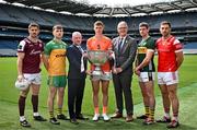 17 June 2025; In attendance at the national launch of the GAA Football All-Ireland Senior Championship Series is Uachtarán Chumann Lúthchleas Gael Jarlath Burns, third from right, and Allianz National Commercial Sales Manager Feilimí Corr, third from left, with footballers from left, Shane Walsh of Galway, Shane O'Donnell of Donegal, Oisín O'Neill of Armagh, Paul Geaney of Kerry, Sam Mulroy of Louth, and the Sam Maguire Cup at the Croke Park in Dublin. Photo by Sam Barnes/Sportsfile