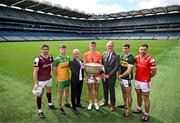17 June 2025; In attendance at the national launch of the GAA Football All-Ireland Senior Championship Series is Uachtarán Chumann Lúthchleas Gael Jarlath Burns, third from right, and Allianz National Commercial Sales Manager Feilimí Corr, third from left, with footballers from left, Shane Walsh of Galway, Shane O'Donnell of Donegal, Oisín O'Neill of Armagh, Paul Geaney of Kerry, Sam Mulroy of Louth, and the Sam Maguire Cup at the Croke Park in Dublin. Photo by Sam Barnes/Sportsfile