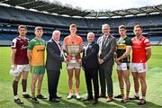 17 June 2025; In attendance at the national launch of the GAA Football All-Ireland Senior Championship Series are, from left, Shane Walsh of Galway, Shane O'Donnell of Donegal, Luke Moriarty from SuperValu, Oisín O'Neill of Armagh, National Commercial Sales Manager at Allianz Ireland Feilimí Corr, Uachtarán Chumann Lúthchleas Gael Jarlath Burns, Paul Geaney of Kerry and Sam Mulroy of Louth with the Sam Maguire Cup, at Croke Park in Dublin. Photo by Sam Barnes/Sportsfile