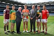 17 June 2025; In attendance at the national launch of the GAA Football All-Ireland Senior Championship Series is Uachtarán Chumann Lúthchleas Gael Jarlath Burns, third from right, and Luke Moriarty from SuperValu, third from left, with footballers from left, Shane Walsh of Galway, Shane O'Donnell of Donegal, Oisín O'Neill of Armagh, Paul Geaney of Kerry, Sam Mulroy of Louth, and the Sam Maguire Cup at the Croke Park in Dublin. Photo by Sam Barnes/Sportsfile