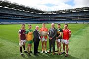 17 June 2025; In attendance at the national launch of the GAA Football All-Ireland Senior Championship Series is Uachtarán Chumann Lúthchleas Gael Jarlath Burns, third from right, and Luke Moriarty from SuperValu, third from left, with footballers from left, Shane Walsh of Galway, Shane O'Donnell of Donegal, Oisín O'Neill of Armagh, Paul Geaney of Kerry, Sam Mulroy of Louth, and the Sam Maguire Cup at the Croke Park in Dublin. Photo by Sam Barnes/Sportsfile