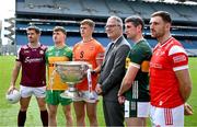 17 June 2025; In attendance at the national launch of the GAA Football All-Ireland Senior Championship Series is Uachtarán Chumann Lúthchleas Gael Jarlath Burns, with footballers from left, Shane Walsh of Galway, Shane O'Donnell of Donegal, Oisín O'Neill of Armagh, Paul Geaney of Kerry, Sam Mulroy of Louth, and the Sam Maguire Cup at the Croke Park in Dublin. Photo by Ray McManus/Sportsfile