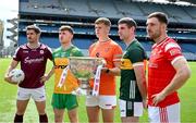 17 June 2025; In attendance at the national launch of the GAA Football All-Ireland Senior Championship Series are, from left, Shane Walsh of Galway, Shane O'Donnell of Donegal, Oisín O'Neill of Armagh, Paul Geaney of Kerry and Sam Mulroy of Louth, with the Sam Maguire Cup at the Croke Park in Dublin. Photo by Ray McManus/Sportsfile