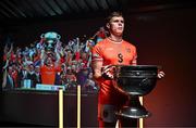 17 June 2025; Armagh footballer Oisín O'Neill poses for a portrait with the Sam Maguire Cup at the national launch of the GAA Football All-Ireland Senior Championship Series at the Croke Park in Dublin. Photo by Sam Barnes/Sportsfile