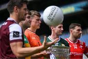 17 June 2025; In attendance at the national launch of the GAA Football All-Ireland Senior Championship Series are, from left, Shane Walsh of Galway, Shane O'Donnell of Donegal, Oisín O'Neill of Armagh, Paul Geaney of Kerry and Sam Mulroy of Louth, with the Sam Maguire Cup at the Croke Park in Dublin. Photo by Shauna Clinton/Sportsfile