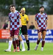 16 June 2025; Referee Neil Doyle shows Luke Heeney of Drogheda United a yellow card during the SSE Airtricity Men's Premier Division match between Drogheda United and Shamrock Rovers at Sullivan & Lambe Park in Drogheda, Louth. Photo by Shauna Clinton/Sportsfile