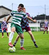 16 June 2025; Josh Honohan of Shamrock Rovers in action against Shane Farrell of Drogheda United during the SSE Airtricity Men's Premier Division match between Drogheda United and Shamrock Rovers at Sullivan & Lambe Park in Drogheda, Louth. Photo by Shauna Clinton/Sportsfile
