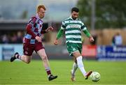 16 June 2025; Danny Mandroiu of Shamrock Rovers in action against Shane Farrell of Drogheda United during the SSE Airtricity Men's Premier Division match between Drogheda United and Shamrock Rovers at Sullivan & Lambe Park in Drogheda, Louth. Photo by Shauna Clinton/Sportsfile