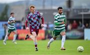 16 June 2025; Danny Mandroiu of Shamrock Rovers in action against Shane Farrell of Drogheda United during the SSE Airtricity Men's Premier Division match between Drogheda United and Shamrock Rovers at Sullivan & Lambe Park in Drogheda, Louth. Photo by Shauna Clinton/Sportsfile