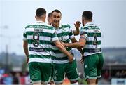 16 June 2025; Aaron Greene of Shamrock Rovers, 9, is congratulated by team-mate Graham Burke after scoring their side's second goal during the SSE Airtricity Men's Premier Division match between Drogheda United and Shamrock Rovers at Sullivan & Lambe Park in Drogheda, Louth. Photo by Shauna Clinton/Sportsfile