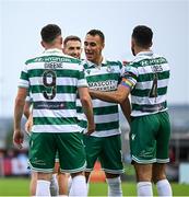 16 June 2025; Aaron Greene of Shamrock Rovers, 9, is congratulated by team-mate Graham Burke after scoring their side's second goal during the SSE Airtricity Men's Premier Division match between Drogheda United and Shamrock Rovers at Sullivan & Lambe Park in Drogheda, Louth. Photo by Shauna Clinton/Sportsfile