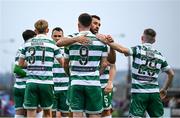 16 June 2025; Aaron Greene of Shamrock Rovers, 9, is congratulated by team-mate Roberto Lopes after scoring their side's second goal during the SSE Airtricity Men's Premier Division match between Drogheda United and Shamrock Rovers at Sullivan & Lambe Park in Drogheda, Louth. Photo by Shauna Clinton/Sportsfile