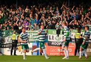 16 June 2025; Shamrock Rovers supporters celebrate their side's first goal, scored by Graham Burke of Shamrock Rovers, during the SSE Airtricity Men's Premier Division match between Drogheda United and Shamrock Rovers at Sullivan & Lambe Park in Drogheda, Louth. Photo by Shauna Clinton/Sportsfile