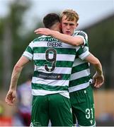 16 June 2025; Aaron Greene of Shamrock Rovers, 9, is congraulated by team-mate Michael Noonan after scoring his side's second goal during the SSE Airtricity Men's Premier Division match between Drogheda United and Shamrock Rovers at Sullivan & Lambe Park in Drogheda, Louth. Photo by Shauna Clinton/Sportsfile