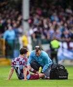 16 June 2025; Darragh Markey of Drogheda United receives medical attention during the SSE Airtricity Men's Premier Division match between Drogheda United and Shamrock Rovers at Sullivan & Lambe Park in Drogheda, Louth. Photo by Shauna Clinton/Sportsfile