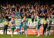 16 June 2025; Shamrock Rovers supporters celebrate their side's first goal, scored by Graham Burke of Shamrock Rovers, during the SSE Airtricity Men's Premier Division match between Drogheda United and Shamrock Rovers at Sullivan & Lambe Park in Drogheda, Louth. Photo by Shauna Clinton/Sportsfile