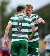 16 June 2025; Aaron Greene of Shamrock Rovers, 9, is congraulated by team-mate Michael Noonan after scoring his side's second goal during the SSE Airtricity Men's Premier Division match between Drogheda United and Shamrock Rovers at Sullivan & Lambe Park in Drogheda, Louth. Photo by Shauna Clinton/Sportsfile
