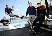 19 June 2025; In attendance are Irish Olympic sailors Sean Waddilove, left, and Robert Dickson, right, with Flogas managing director John Rooney, centre, at Irish Sailing Performance HQ in Dun Laoghaire, Dublin as Flogas renew their partnership with Team Ireland through to LA 2028. Photo by Seb Daly/Sportsfile