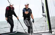 19 June 2025; Irish Olympic sailors Robert Dickson, left, and Sean Waddilove at Irish Sailing Performance HQ in Dun Laoghaire, Dublin as Flogas renew their partnership with Team Ireland through to LA 2028. Photo by Seb Daly/Sportsfile