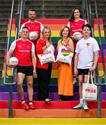18 June 2025; Carry With Pride! Pictured is content creator, footballer and LGBTQ+ advocate Kevin Penrose, right, alongside Armagh footballer Mark Shields, left, GAA referee, David Gough, Cork LGFA Camogie player, Hannah Looney, CEO of Belong To, Moninne Griffith, and Community & Sponsorship Manager at Musgrave, Maighread Cremin, to officially launch SuperValu’s new limited-edition Pride themed Bag for Life. Available this month in SuperValu stores across the country, the bold and bright rainbow tote is designed to be carried with pride and will be available to purchase for €3. Profits from the sale of the bags will go to Belong To – LGBTQ+ Youth Ireland, the national LGBTQ+ youth organisation. Photo by David Fitzgerald/Sportsfile