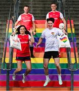 18 June 2025; Carry With Pride! Pictured is content creator, footballer and LGBTQ+ advocate Kevin Penrose, alongside Armagh footballer Mark Shields, right, GAA referee, David Gough and Cork LGFA Camogie player, Hannah Looney to officially launch SuperValu’s new limited-edition Pride themed Bag for Life. Available this month in SuperValu stores across the country, the bold and bright rainbow tote is designed to be carried with pride and will be available to purchase for €3. Profits from the sale of the bags will go to Belong To – LGBTQ+ Youth Ireland, the national LGBTQ+ youth organisation. Photo by David Fitzgerald/Sportsfile