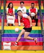 18 June 2025; Carry With Pride! Pictured is content creator, footballer and LGBTQ+ advocate Kevin Penrose, centre, alongside, GAA referee, David Gough and Cork LGFA Camogie player, Hannah Looney watching Armagh footballer Mark Shields to officially launch SuperValu’s new limited-edition Pride themed Bag for Life. Available this month in SuperValu stores across the country, the bold and bright rainbow tote is designed to be carried with pride and will be available to purchase for €3. Profits from the sale of the bags will go to Belong To – LGBTQ+ Youth Ireland, the national LGBTQ+ youth organisation. Photo by David Fitzgerald/Sportsfile