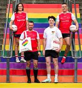 18 June 2025; Carry With Pride! Pictured is content creator, footballer and LGBTQ+ advocate Kevin Penrose, alongside Armagh footballer Mark Shields, right, GAA referee, David Gough and Cork LGFA Camogie player, Hannah Looney to officially launch SuperValu’s new limited-edition Pride themed Bag for Life. Available this month in SuperValu stores across the country, the bold and bright rainbow tote is designed to be carried with pride and will be available to purchase for €3. Profits from the sale of the bags will go to Belong To – LGBTQ+ Youth Ireland, the national LGBTQ+ youth organisation. Photo by David Fitzgerald/Sportsfile
