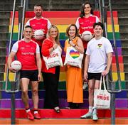 18 June 2025; Carry With Pride! Pictured is content creator, footballer and LGBTQ+ advocate Kevin Penrose, right, alongside Armagh footballer Mark Shields, left, GAA referee, David Gough, Cork LGFA Camogie player, Hannah Looney, CEO of Belong To, Moninne Griffith, and Community & Sponsorship Manager at Musgrave, Maighread Cremin, to officially launch SuperValu’s new limited-edition Pride themed Bag for Life. Available this month in SuperValu stores across the country, the bold and bright rainbow tote is designed to be carried with pride and will be available to purchase for €3. Profits from the sale of the bags will go to Belong To – LGBTQ+ Youth Ireland, the national LGBTQ+ youth organisation. Photo by David Fitzgerald/Sportsfile