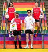 18 June 2025; Carry With Pride! Pictured is content creator, footballer and LGBTQ+ advocate Kevin Penrose, alongside Armagh footballer Mark Shields, right, GAA referee, David Gough and Cork LGFA Camogie player, Hannah Looney to officially launch SuperValu’s new limited-edition Pride themed Bag for Life. Available this month in SuperValu stores across the country, the bold and bright rainbow tote is designed to be carried with pride and will be available to purchase for €3. Profits from the sale of the bags will go to Belong To – LGBTQ+ Youth Ireland, the national LGBTQ+ youth organisation. Photo by David Fitzgerald/Sportsfile