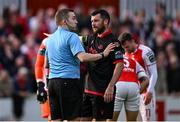13 June 2025; Ryan Brennan of Drogheda United remonstrates with referee Kevin O'Sullivan during the SSE Airtricity Men's Premier Division match between St Patrick's Athletic and Drogheda United at Richmond Park in Dublin. Photo by Shauna Clinton/Sportsfile