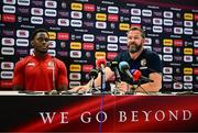 18 June 2025; British and Irish Lions head coach Andy Farrell, right, and captain Maro Itoje during a British & Irish Lions media conference at the Aviva Stadium in Dublin. Photo by Brendan Moran/Sportsfile