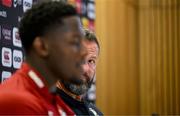 18 June 2025; British and Irish Lions head coach Andy Farrell watches his captain Maro Itoje during a British & Irish Lions media conference at the Aviva Stadium in Dublin. Photo by Brendan Moran/Sportsfile