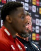 18 June 2025; British and Irish Lions head coach Andy Farrell watches his captain Maro Itoje during a British & Irish Lions media conference at the Aviva Stadium in Dublin. Photo by Brendan Moran/Sportsfile