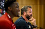 18 June 2025; British and Irish Lions head coach Andy Farrell, right, and captain Maro Itoje during a British & Irish Lions media conference at the Aviva Stadium in Dublin. Photo by Brendan Moran/Sportsfile