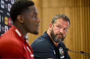 18 June 2025; British and Irish Lions head coach Andy Farrell, right, and captain Maro Itoje during a British & Irish Lions media conference at the Aviva Stadium in Dublin. Photo by Brendan Moran/Sportsfile