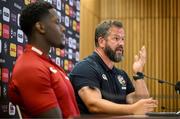 18 June 2025; British and Irish Lions head coach Andy Farrell, right, and captain Maro Itoje during a British & Irish Lions media conference at the Aviva Stadium in Dublin. Photo by Brendan Moran/Sportsfile