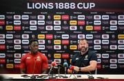 18 June 2025; British and Irish Lions head coach Andy Farrell, right, and and captain Maro Itoje during a British & Irish Lions media conference at the Aviva Stadium in Dublin. Photo by Brendan Moran/Sportsfile