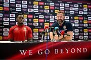 18 June 2025; British and Irish Lions head coach Andy Farrell, right, and and captain Maro Itoje during a British & Irish Lions media conference at the Aviva Stadium in Dublin. Photo by Brendan Moran/Sportsfile