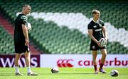19 June 2025; Fin Smith, right, and assistant coach Jonathan Sexton during a British & Irish Lions captain's run at the Aviva Stadium in Dublin. Photo by Seb Daly/Sportsfile