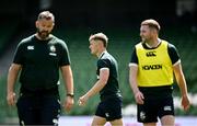 19 June 2025; Fin Smith, centre, with Finn Russell, right, and head coach Andy Farrell during a British & Irish Lions captain's run at the Aviva Stadium in Dublin. Photo by Seb Daly/Sportsfile