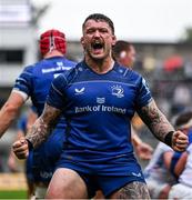 14 June 2025; Andrew Porter of Leinster celebrates after teammate Josh van der Flier, not pictured, scored their side's third try during the United Rugby Championship Grand Final match between Leinster and Vodacom Bulls at Croke Park in Dublin. Photo by Brendan Moran/Sportsfile