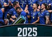 14 June 2025; Leinster captain Jack Conan and teammate Cian Healy embrace after the United Rugby Championship Grand Final match between Leinster and Vodacom Bulls at Croke Park in Dublin. Photo by Brendan Moran/Sportsfile