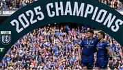 14 June 2025; Dan Sheehan, left, and Andrew Porter of Leinster celebrate after the United Rugby Championship Grand Final match between Leinster and Vodacom Bulls at Croke Park in Dublin. Photo by Brendan Moran/Sportsfile