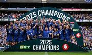 14 June 2025; Leinster captains Caelan Doris and Jack Conan and retiring teammate Cian Healy lift the URC trophy as they team celebrate after the United Rugby Championship Grand Final match between Leinster and Vodacom Bulls at Croke Park in Dublin. Photo by Brendan Moran/Sportsfile