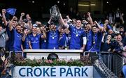 14 June 2025; Leinster captain Jack Conan and teammates celebrate as they lift the URC trophy on the steps of the Hogan Stand after the United Rugby Championship Grand Final match between Leinster and Vodacom Bulls at Croke Park in Dublin. Photo by Brendan Moran/Sportsfile