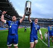14 June 2025; Joe McCarthy, left, and James Ryan of Leinster celebrate with the URC trophy after the United Rugby Championship Grand Final match between Leinster and Vodacom Bulls at Croke Park in Dublin. Photo by Brendan Moran/Sportsfile