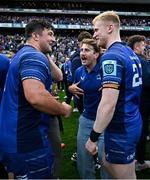 14 June 2025; Thomas Clarkson, left, and Jamie Osborne of Leinster after the United Rugby Championship Grand Final match between Leinster and Vodacom Bulls at Croke Park in Dublin. Photo by Brendan Moran/Sportsfile