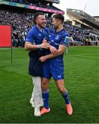 14 June 2025; Will Connors, left, and Ross Byrne of Leinster after the United Rugby Championship Grand Final match between Leinster and Vodacom Bulls at Croke Park in Dublin. Photo by Brendan Moran/Sportsfile