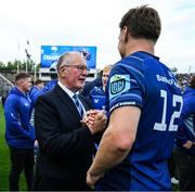 14 June 2025; Leinster Rugby honorary secretary Stuart Bayley, left, and Jordie Barrett after the United Rugby Championship Grand Final match between Leinster and Vodacom Bulls at Croke Park in Dublin. Photo by Brendan Moran/Sportsfile